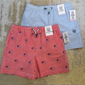 PARTY PANTS Boys Swim Trunk Bundle NWT Medium Red White Blue Seersucker 4th July